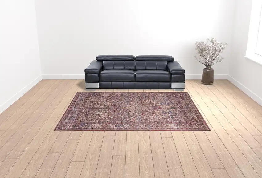 Red Tan And Pink Floral Power Loom Area Rug Photo 2