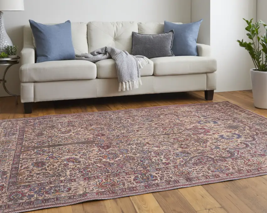 Red Tan And Pink Floral Power Loom Area Rug Photo 9