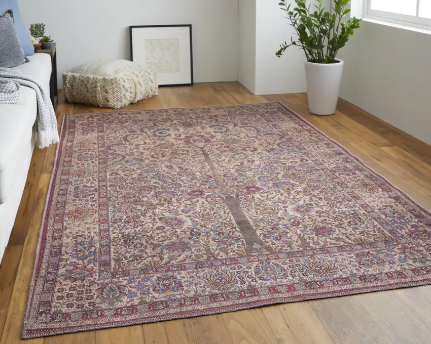 Red Tan And Pink Floral Power Loom Area Rug Photo 7