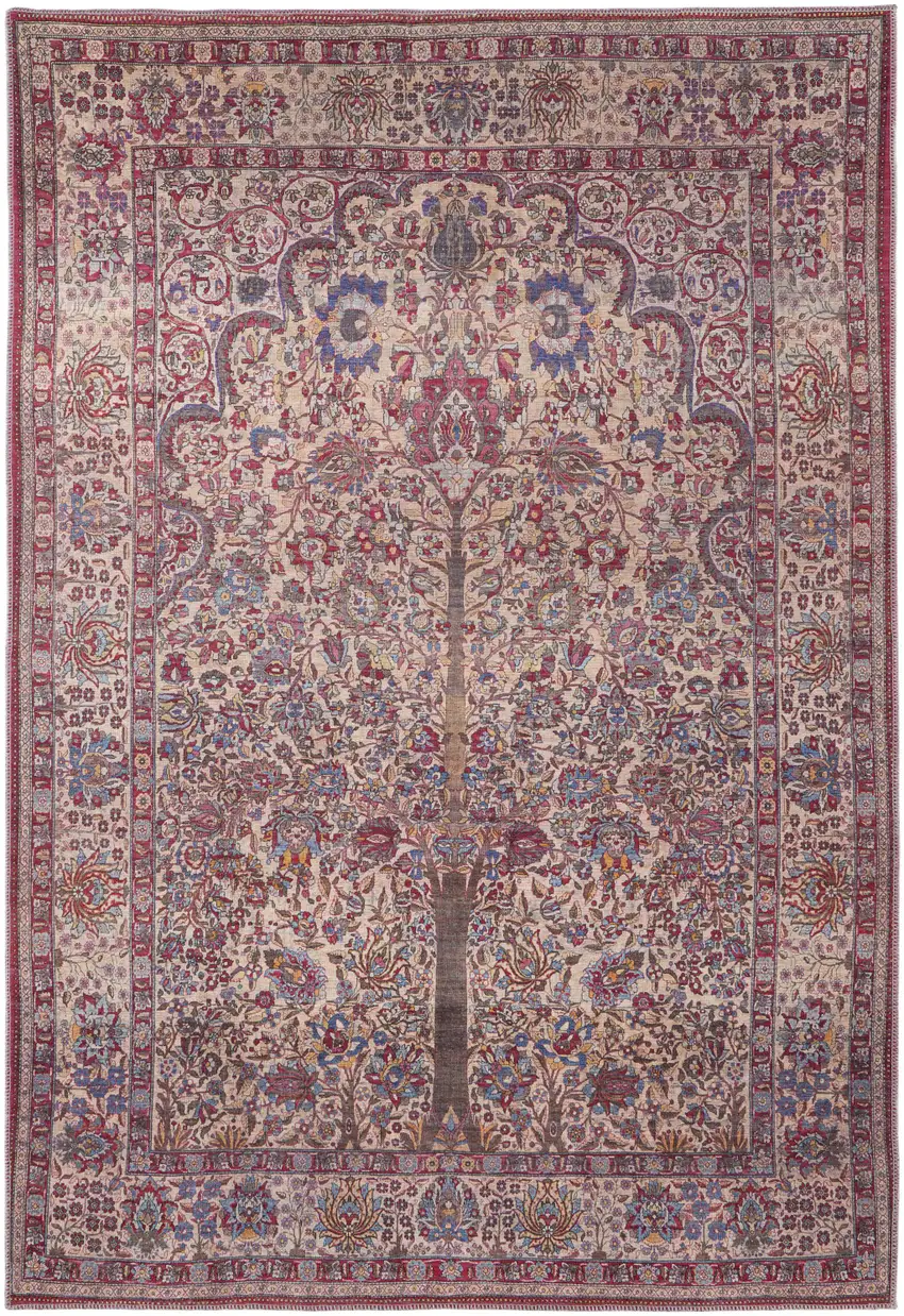 Red Tan And Pink Floral Power Loom Area Rug Photo 1