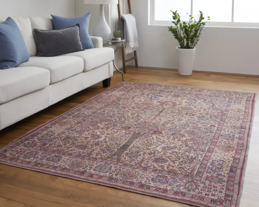 Red Tan And Pink Floral Power Loom Area Rug Photo 8