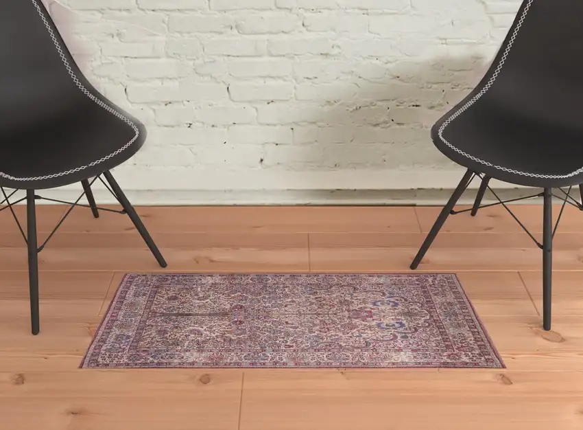 Red Tan And Pink Floral Power Loom Area Rug Photo 2