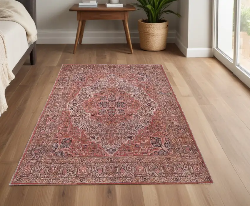 Red Tan And Pink Floral Power Loom Area Rug Photo 1