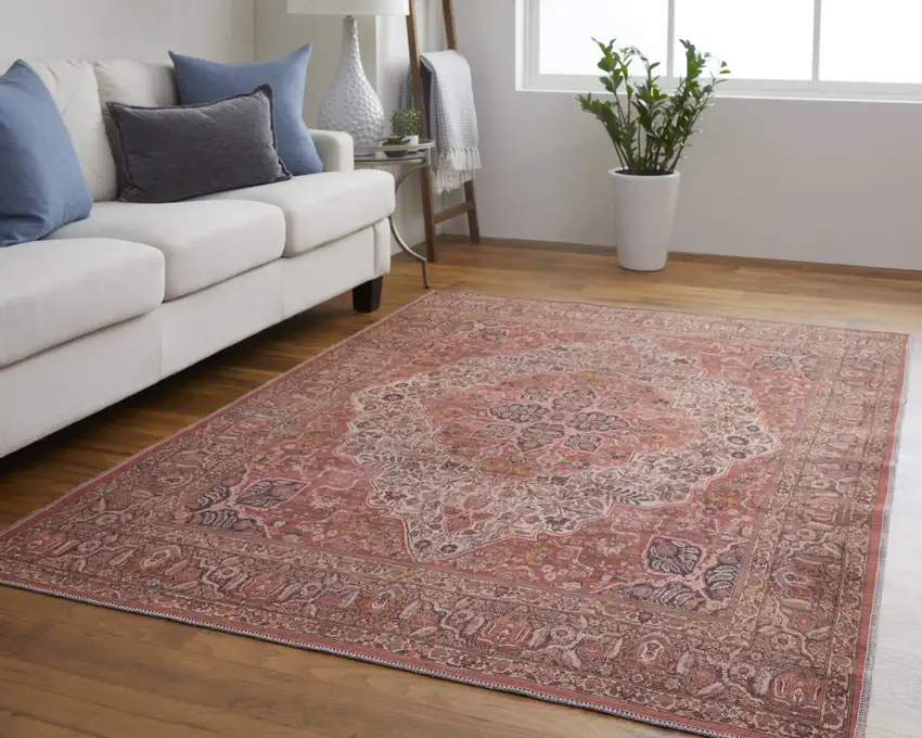 Red Tan And Pink Floral Power Loom Area Rug Photo 8