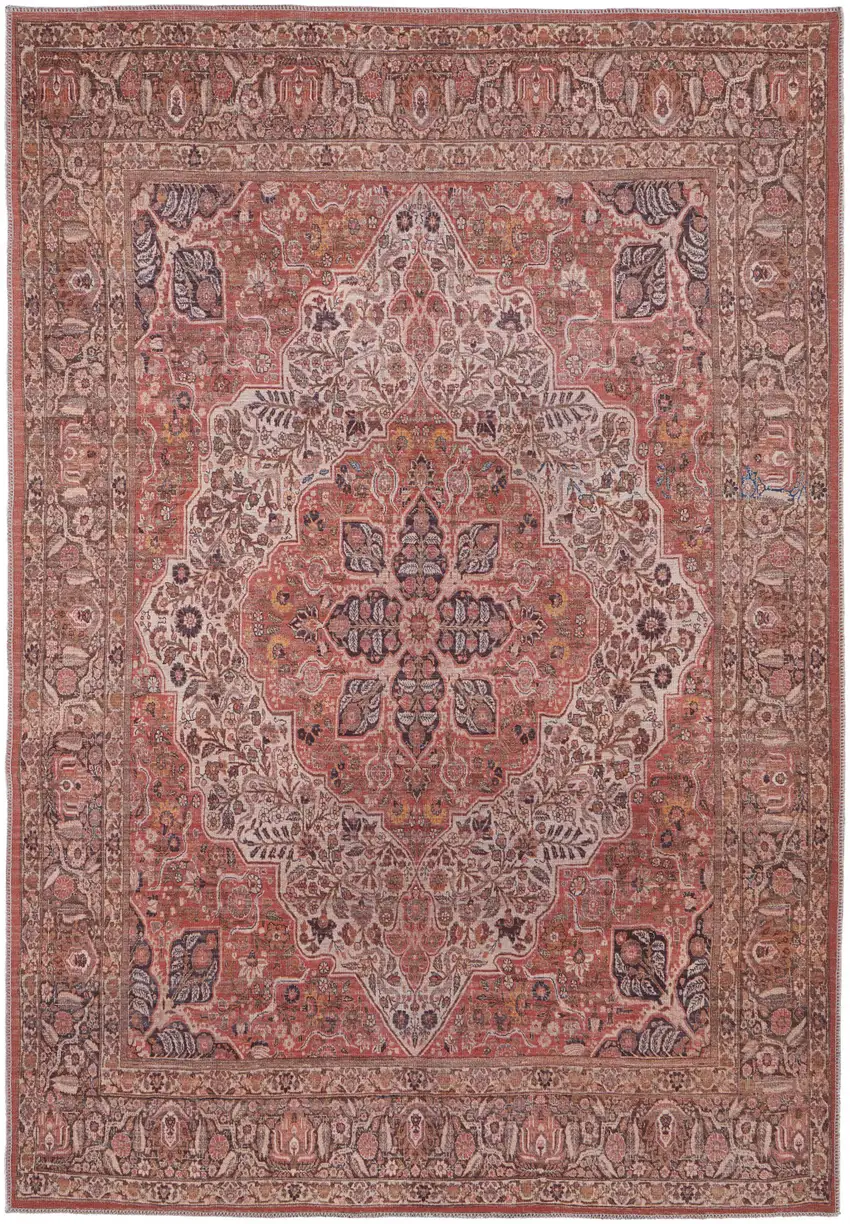 Red Tan And Pink Floral Power Loom Area Rug Photo 1
