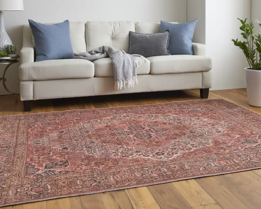 Red Tan And Pink Floral Power Loom Area Rug Photo 9