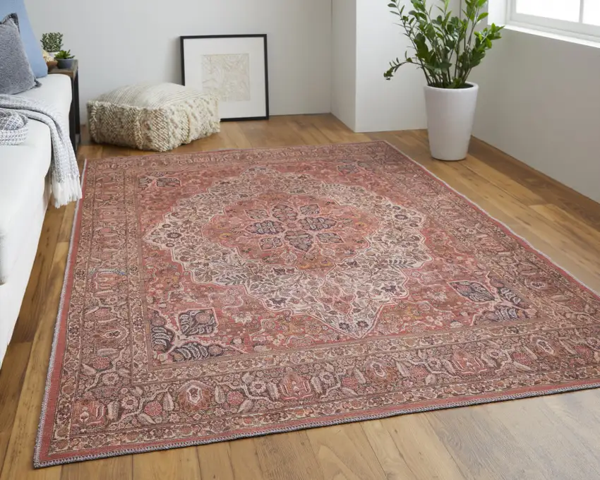 Red Tan And Pink Floral Power Loom Area Rug Photo 7