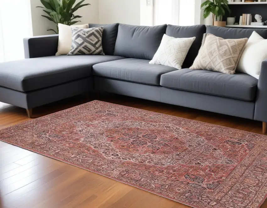 Red Tan And Pink Floral Power Loom Area Rug Photo 1