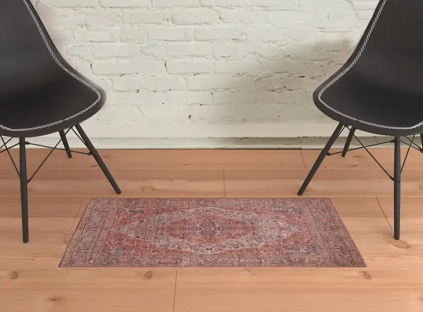 Red Tan And Pink Floral Power Loom Area Rug Photo 2