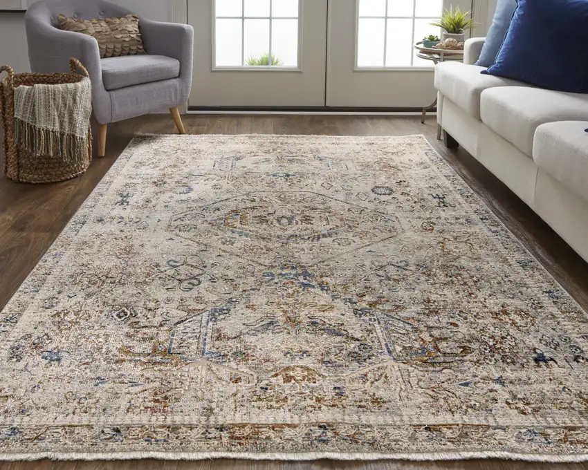Red Tan and Blue Oriental Power Loom Worn Faded Area Rug With Fringe Photo 7