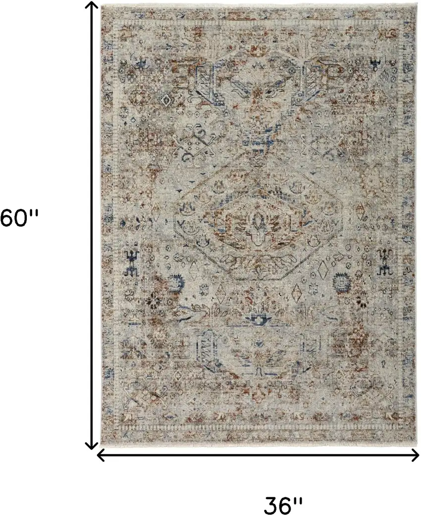 Red Tan and Blue Oriental Power Loom Worn Faded Area Rug With Fringe Photo 3
