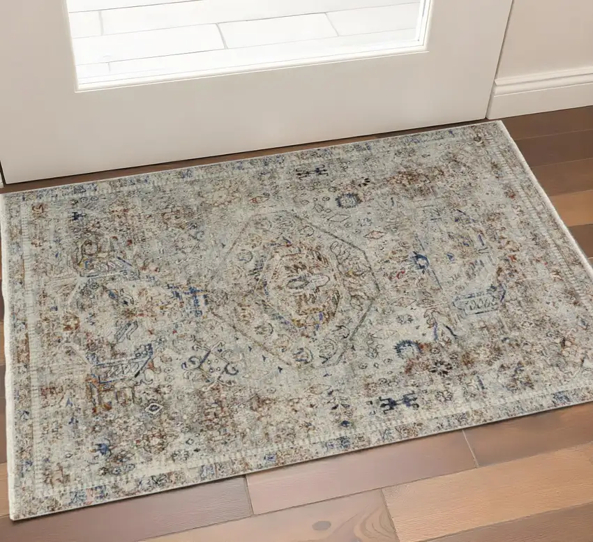 Blue Tan And Red Oriental Distressed Area Rug With Fringe Photo 1