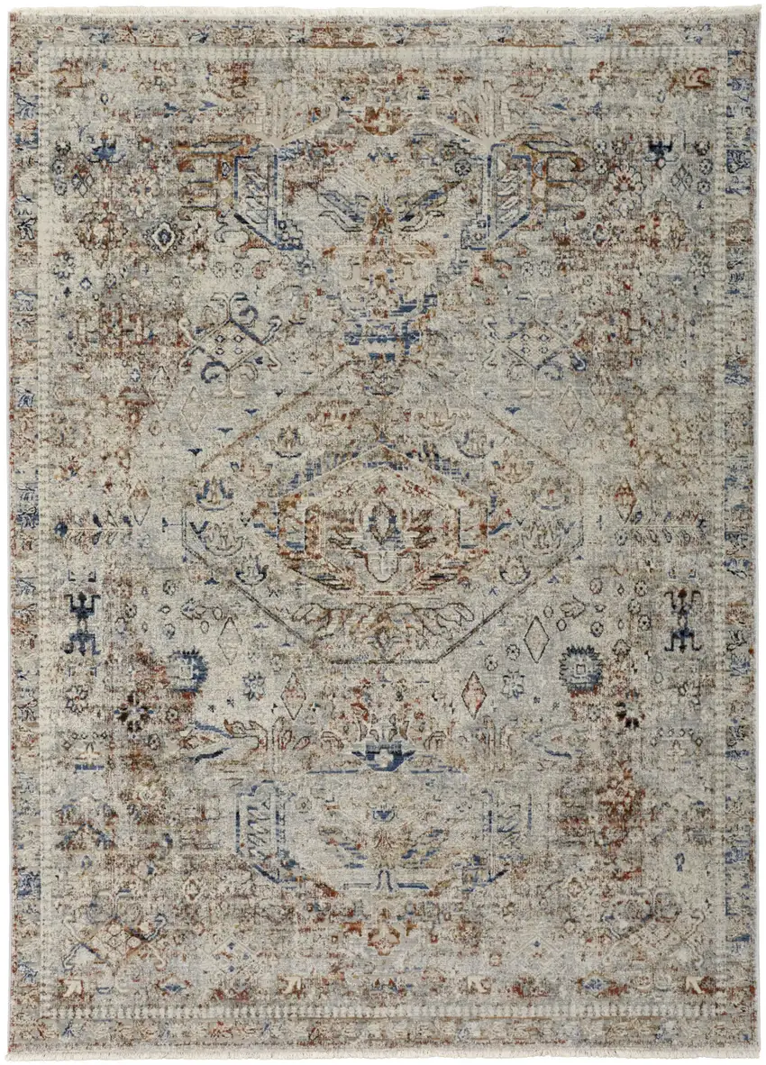 Red Tan and Blue Oriental Power Loom Worn Faded Area Rug With Fringe Photo 2