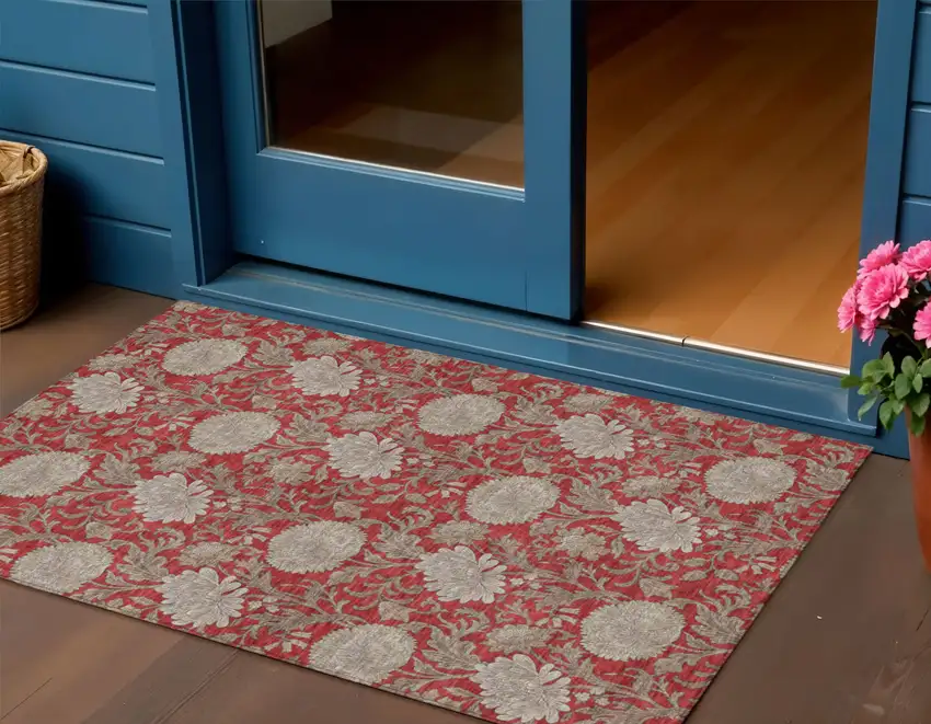 Red Taupe And Beige Floral Washable Indoor Outdoor Area Rug Photo 1