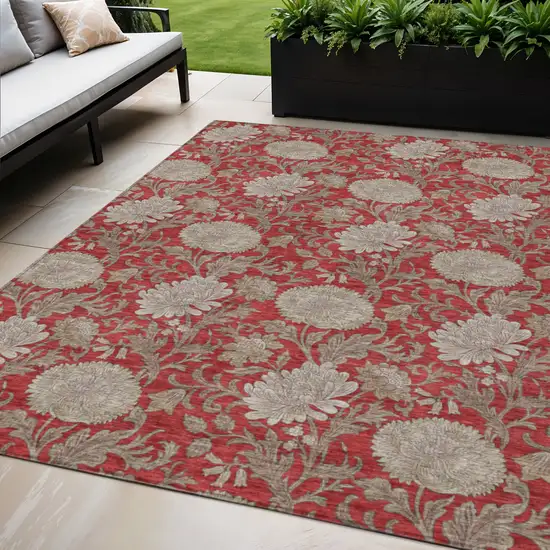 Red Taupe And Beige Floral Washable Indoor Outdoor Area Rug Photo 1