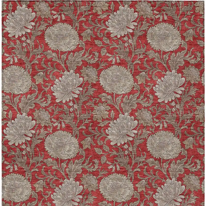 Red Taupe And Beige Floral Washable Indoor Outdoor Area Rug Photo 8
