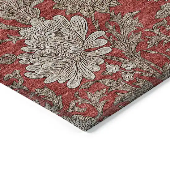 Red Taupe And Beige Floral Washable Indoor Outdoor Area Rug Photo 5