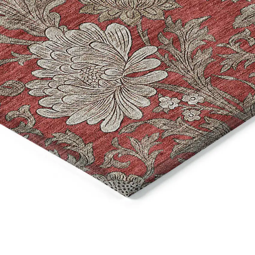 Red Taupe And Beige Floral Washable Indoor Outdoor Area Rug Photo 5