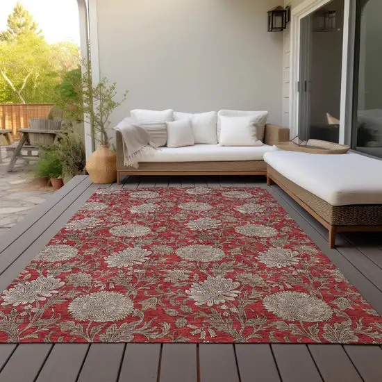 Red Taupe And Beige Floral Washable Indoor Outdoor Area Rug Photo 9