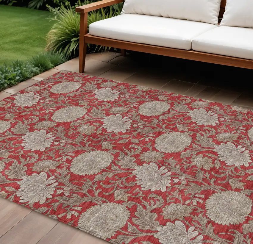 Red Taupe And Beige Floral Washable Indoor Outdoor Area Rug Photo 1