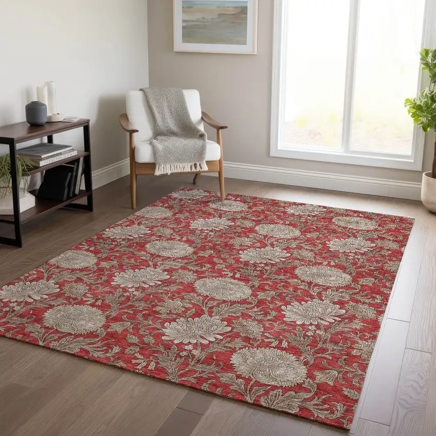 Red Taupe And Beige Floral Washable Indoor Outdoor Area Rug Photo 9