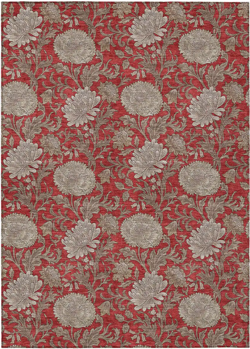 Red Taupe And Beige Floral Washable Indoor Outdoor Area Rug Photo 2