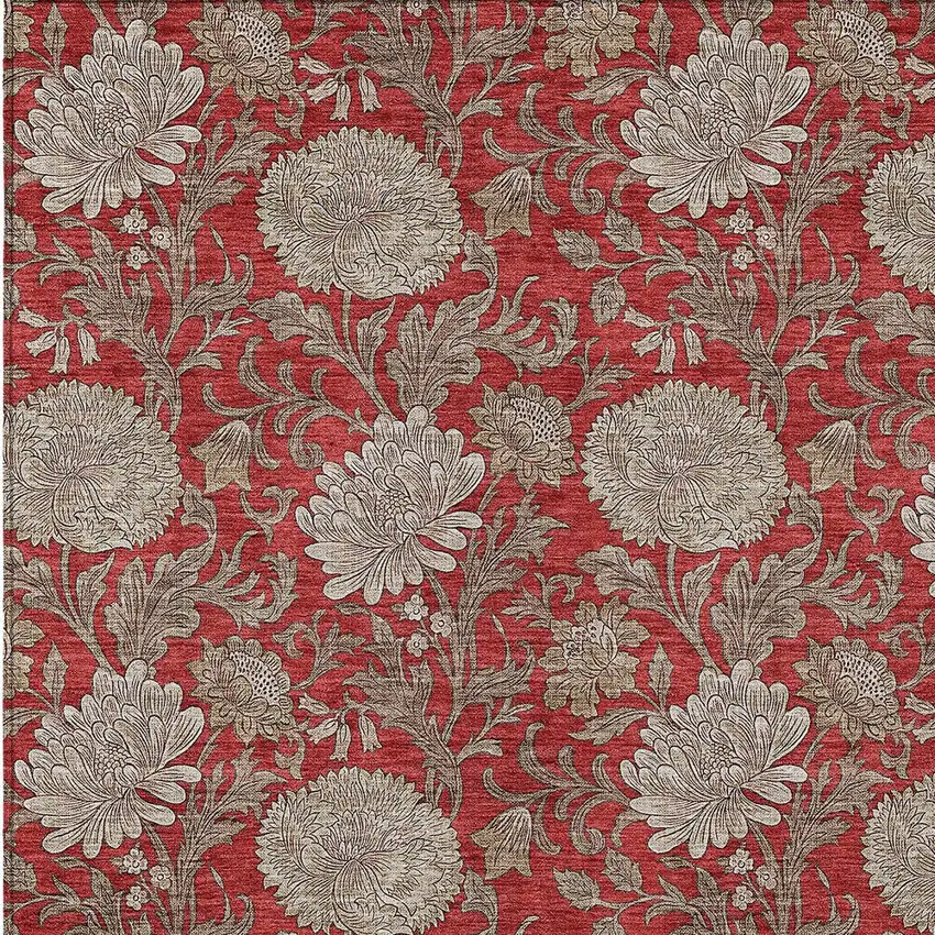 Red Taupe And Beige Floral Washable Indoor Outdoor Area Rug Photo 7