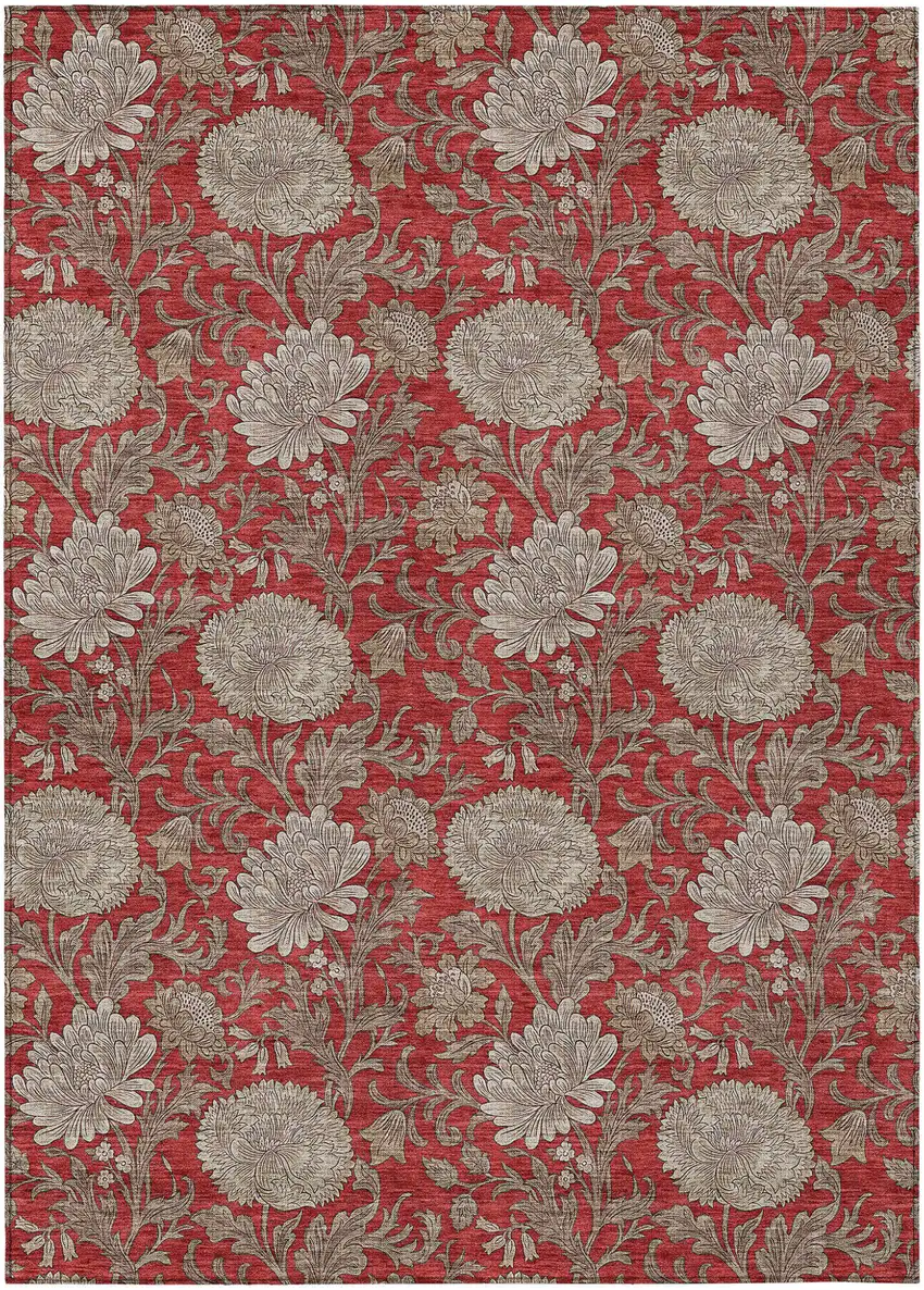 Red Taupe And Beige Floral Washable Indoor Outdoor Area Rug Photo 2
