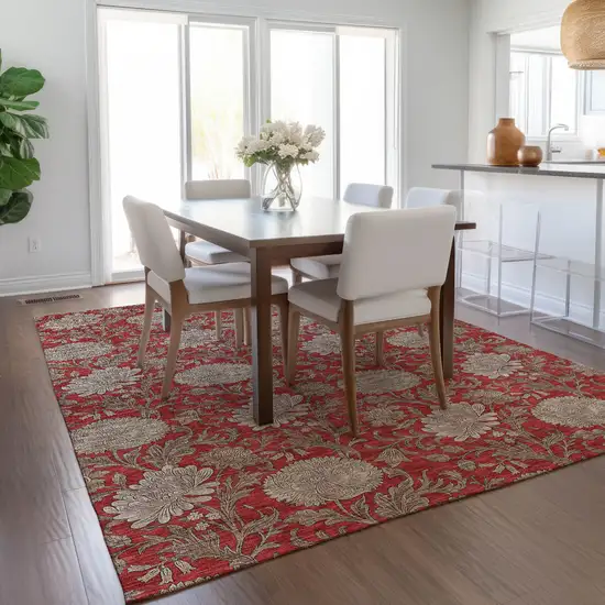 Red Taupe And Beige Floral Washable Indoor Outdoor Area Rug Photo 9