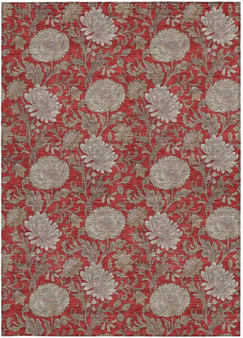 Red Taupe And Beige Floral Washable Indoor Outdoor Area Rug Photo 7