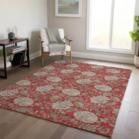 Red Taupe And Beige Floral Washable Indoor Outdoor Area Rug Photo 9