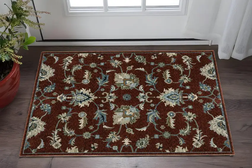 Red Teal And Green Oriental Area Rug With Fringe Photo 1