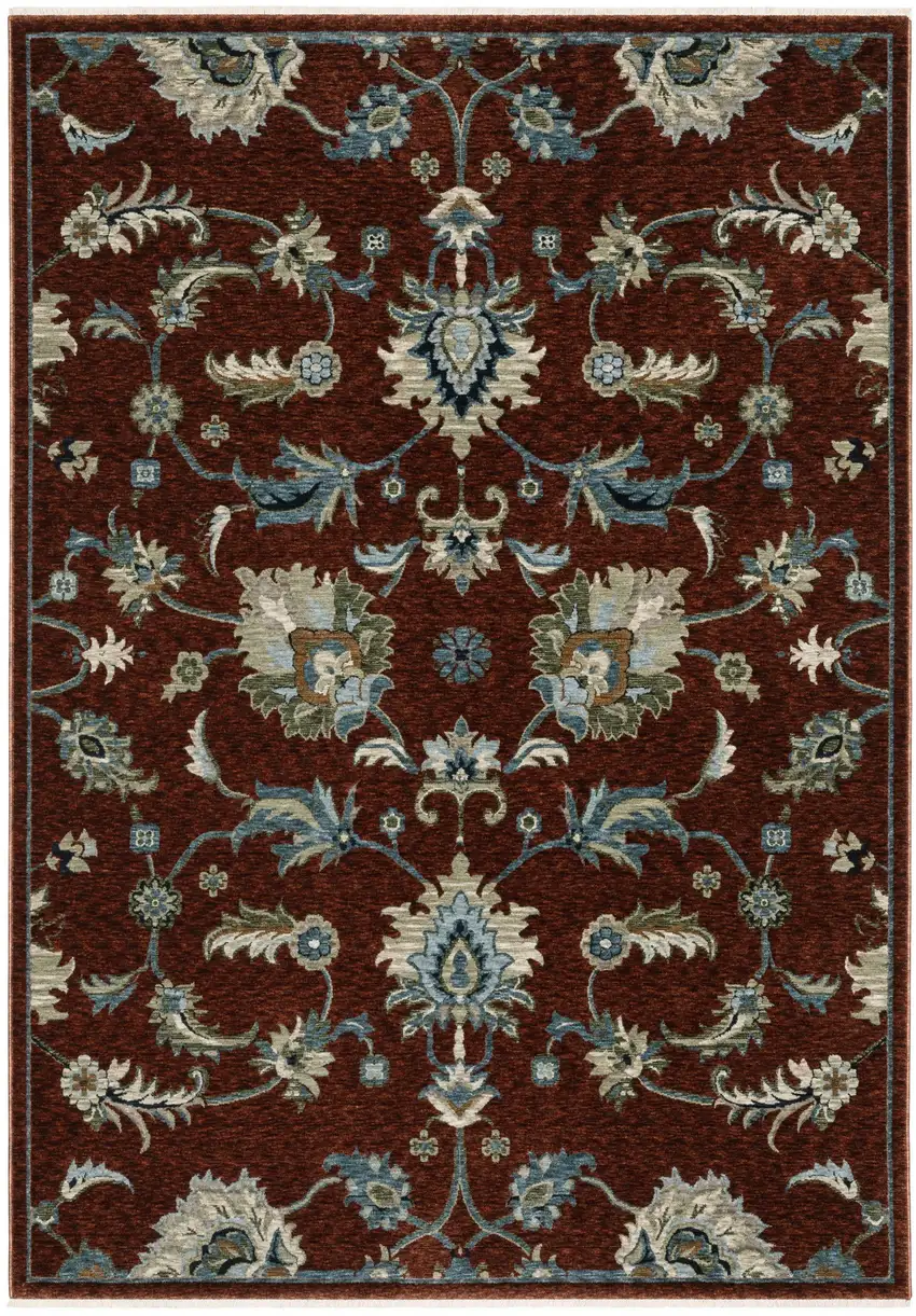 Red Teal And Green Oriental Area Rug With Fringe Photo 2