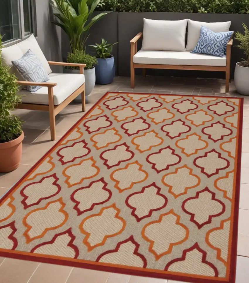 Red And Ivory Geometric Indoor Outdoor Area Rug Photo 2