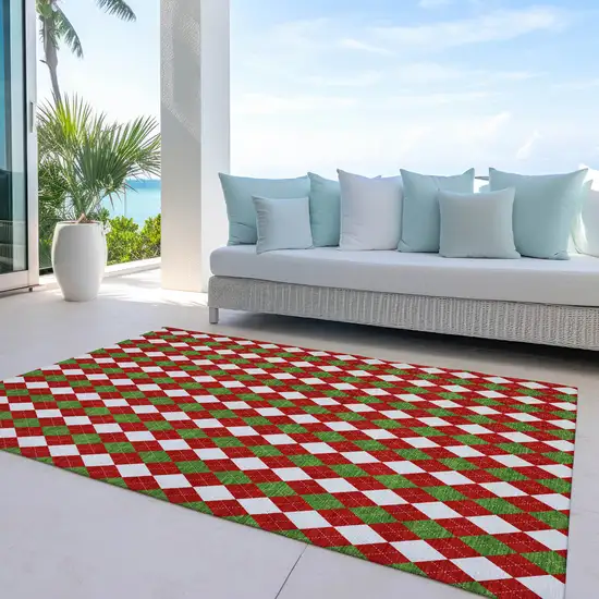 Red White And Green Argyle Washable Indoor Outdoor Area Rug Photo 5