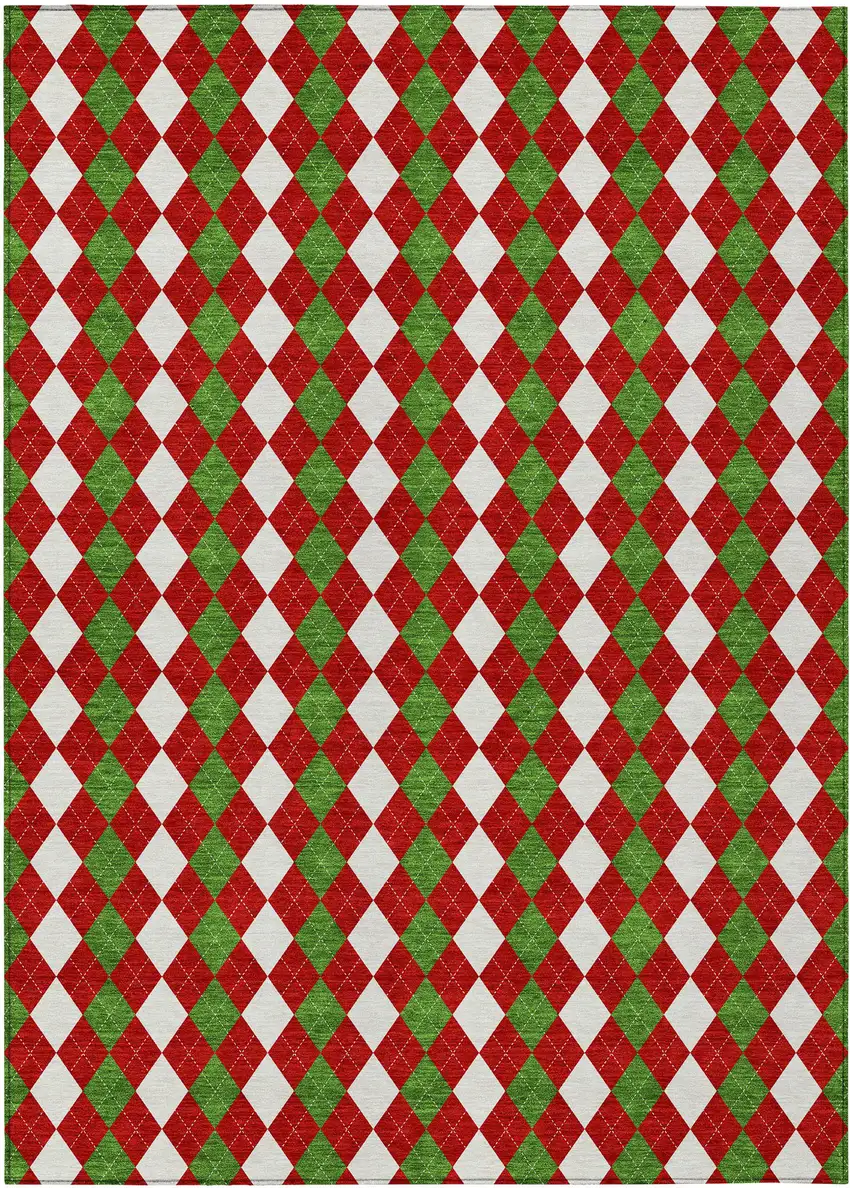 Red White And Green Argyle Washable Indoor Outdoor Area Rug Photo 1