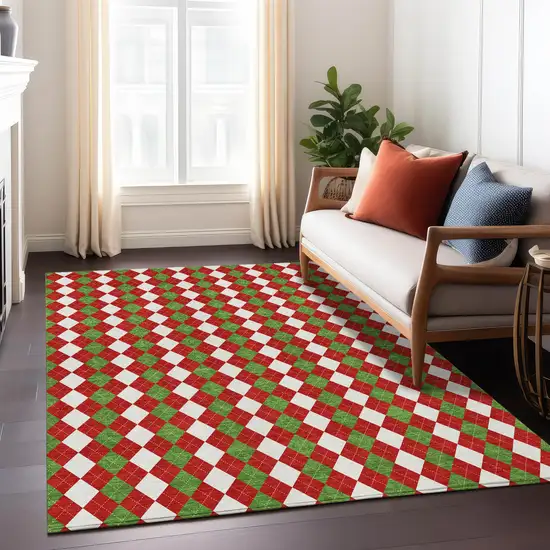 Red White And Green Argyle Washable Indoor Outdoor Area Rug Photo 7