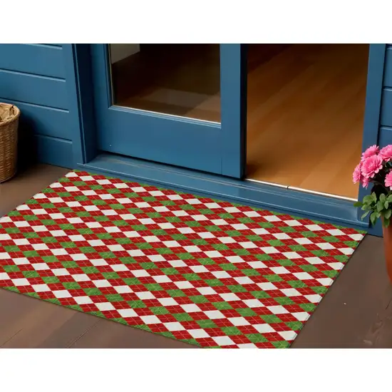 Red White And Green Argyle Washable Indoor Outdoor Area Rug Photo 2