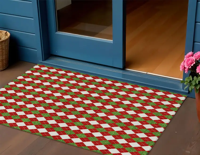 Red White And Green Argyle Washable Indoor Outdoor Area Rug Photo 2