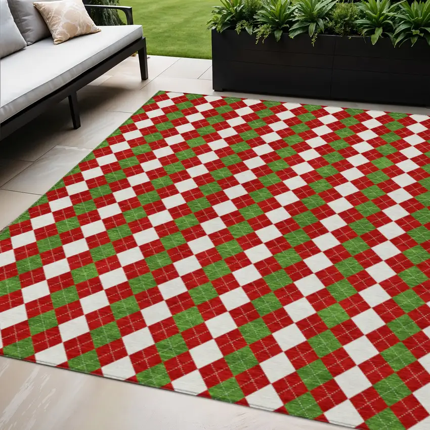 Red White And Green Argyle Washable Indoor Outdoor Area Rug Photo 2