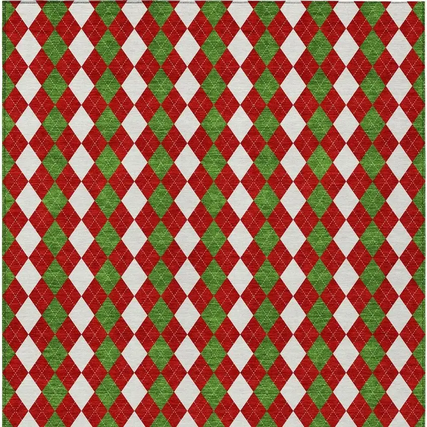 Red White And Green Argyle Washable Indoor Outdoor Area Rug Photo 4