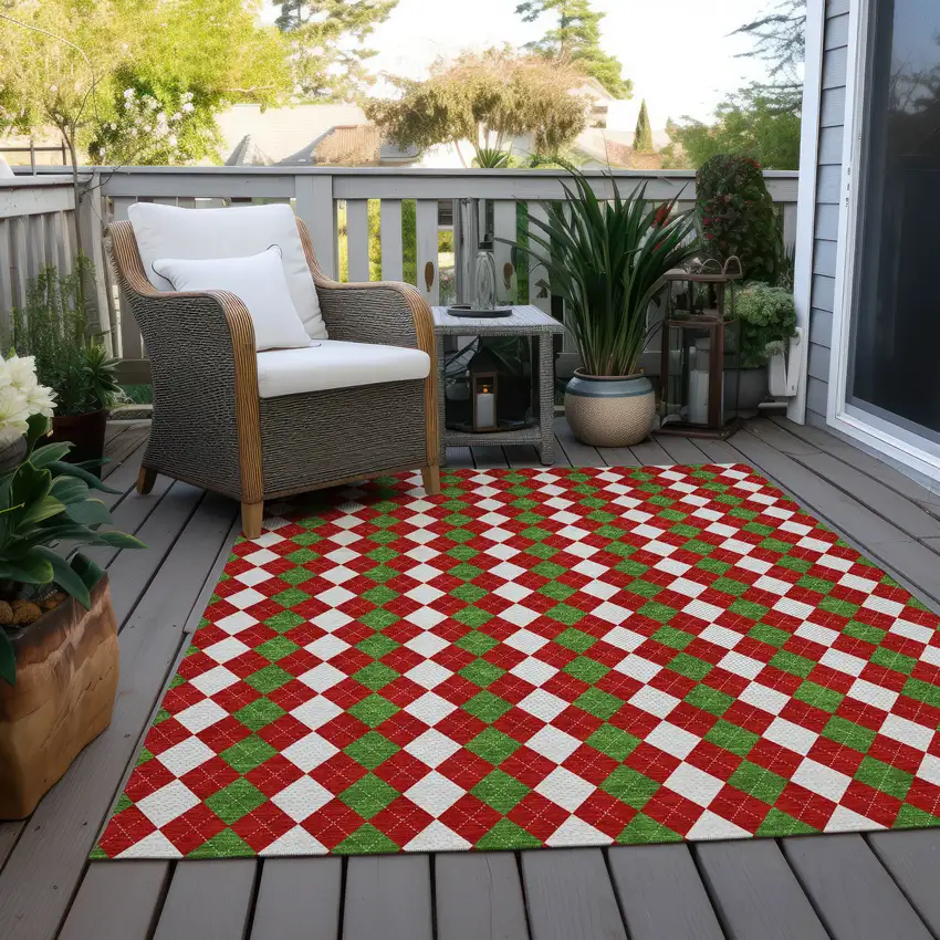 Red White And Green Argyle Washable Indoor Outdoor Area Rug Photo 8