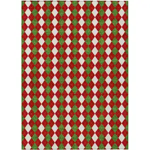 Photo of Red White And Green Argyle Washable Indoor Outdoor Area Rug