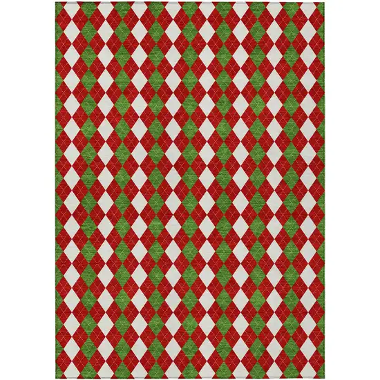 Red White And Green Argyle Washable Indoor Outdoor Area Rug Photo 1