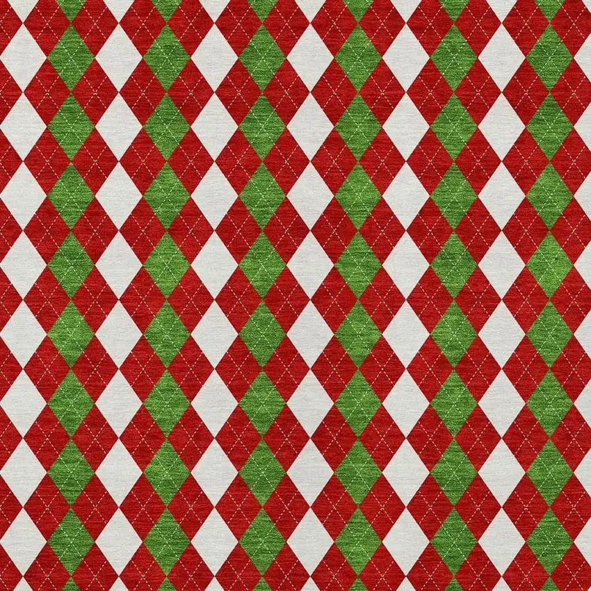 Red White And Green Argyle Washable Indoor Outdoor Area Rug Photo 3
