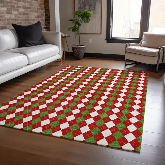 Red White And Green Argyle Washable Indoor Outdoor Area Rug Photo 6