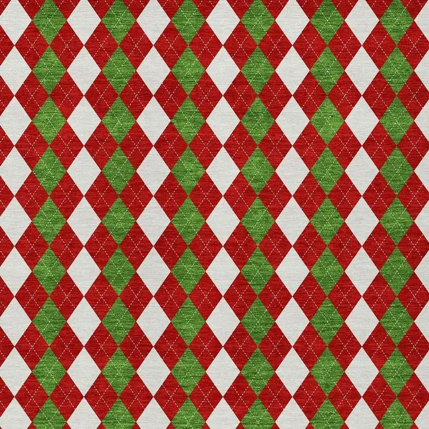 Red White And Green Argyle Washable Indoor Outdoor Area Rug Photo 3