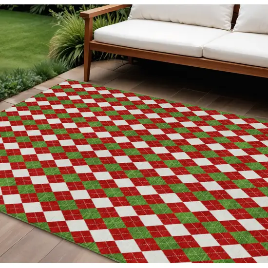 Red White And Green Argyle Washable Indoor Outdoor Area Rug Photo 2