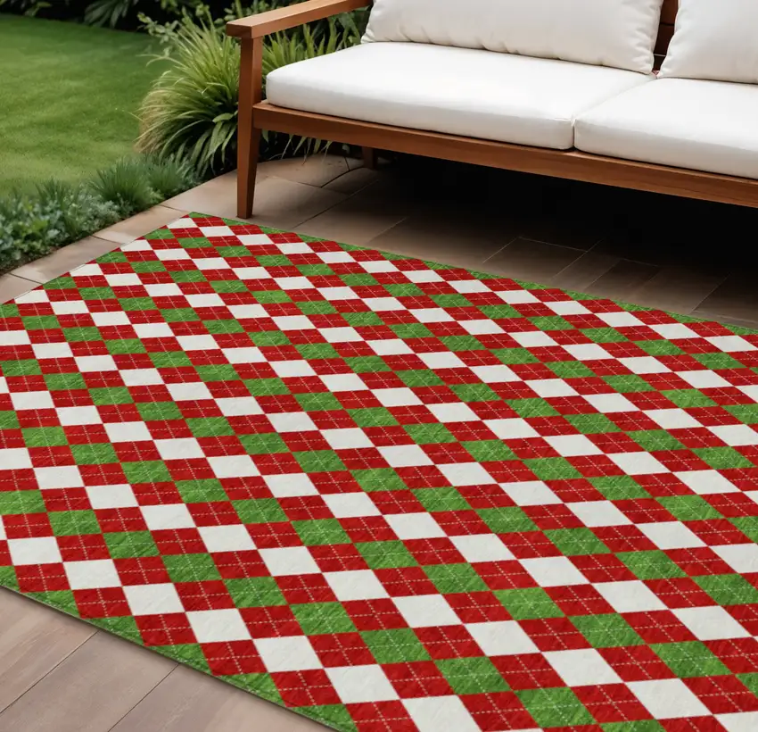 Red White And Green Argyle Washable Indoor Outdoor Area Rug Photo 2