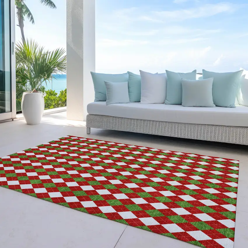 Red White And Green Argyle Washable Indoor Outdoor Area Rug Photo 5